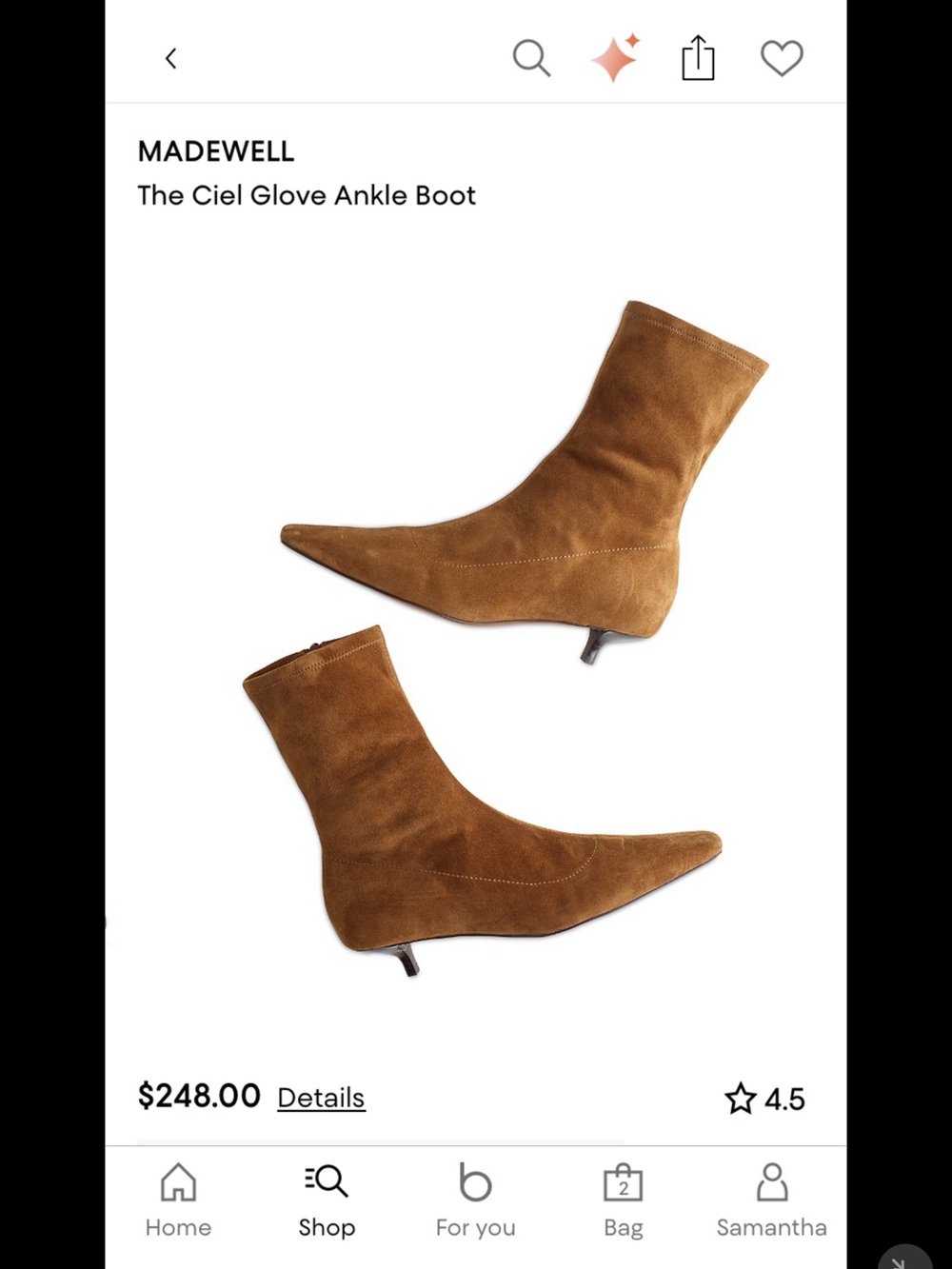 Madewell Pointed-Toe Suede Ankle Boots in Chestnut